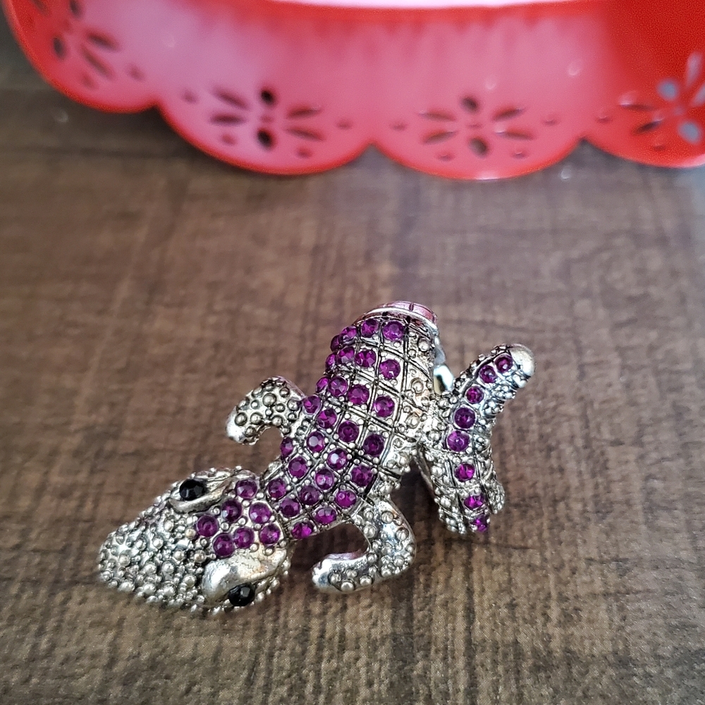Silver and Purple Rhinestone Alligator Brooch